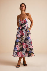 Soreia Black Multi Floral Taffeta Floral Lace-Up Midi Dress