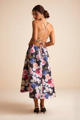 Soreia Black Multi Floral Taffeta Floral Lace-Up Midi Dress