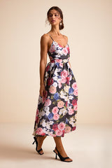 Soreia Black Multi Floral Taffeta Floral Lace-Up Midi Dress