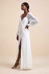Composed Soiree White Twist-Front Long Sleeve Maxi Dress