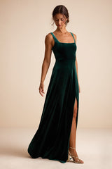 Graceful Invite Emerald Velvet Square Neck Lace-Up Maxi Dress
