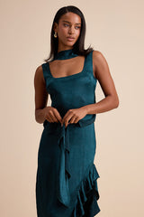 Adelise Teal Green Satin Ruffled Sash Scarf Maxi Dress