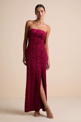 Chic Grace Burgundy Velvet Floral Applique Strapless Maxi Dress