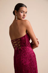 Chic Grace Burgundy Velvet Floral Applique Strapless Maxi Dress