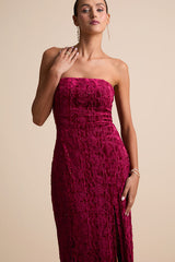 Chic Grace Burgundy Velvet Floral Applique Strapless Maxi Dress