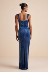 Pristine Luxury Blue Velvet Bustier Maxi Dress