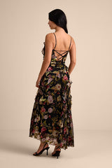 Shona Black Multi Velvet Jacquard Ruffled Maxi Dress