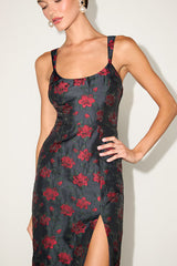 Immaculate Chicness Navy Floral Brocade Midi Dress