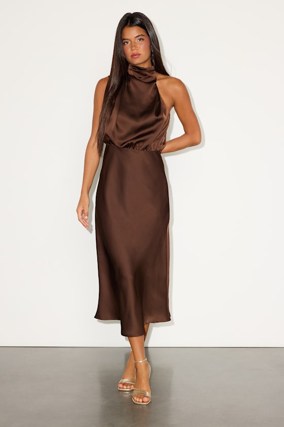 Distinctive Brown Satin Asymmetrical Midi Dress