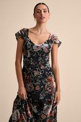 Composed Beauty Black Burnout Velvet Floral Midi Dress