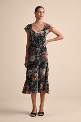 Composed Beauty Black Burnout Velvet Floral Midi Dress