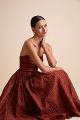 Analeia Rust Jacquard Lace-Up Strapless Midi Dress
