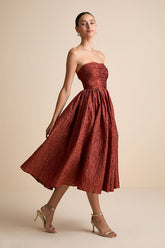 Analeia Rust Jacquard Lace-Up Strapless Midi Dress