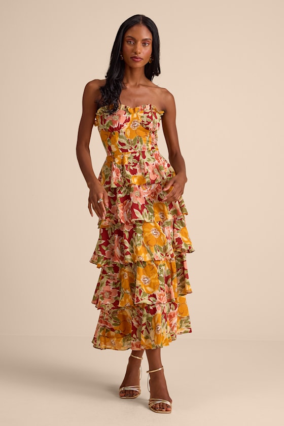 Nahya Yellow Multi Floral Strapless Tiered Midi Dress