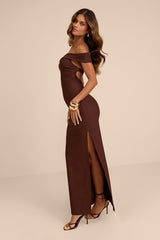 Chastain Brown Ponte Knit Off-the-Shoulder Maxi Dress