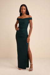 Scotia Dark Green Mesh Ruched Off-the-Shoulder Maxi Dress