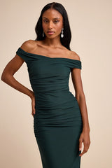Scotia Dark Green Mesh Ruched Off-the-Shoulder Maxi Dress