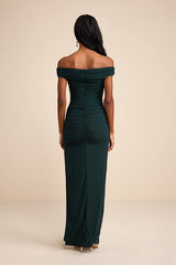 Scotia Dark Green Mesh Ruched Off-the-Shoulder Maxi Dress