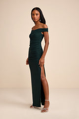 Scotia Dark Green Mesh Ruched Off-the-Shoulder Maxi Dress