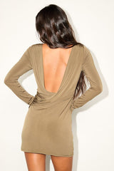 Noey Olive Jersey Knit Cowl Back Long Sleeve Mini Dress