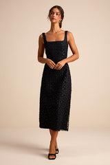 Sandrina Black Textured Sequin Square Neck Midi Dress