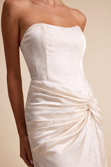 Whitney Ivory Jacquard Strapless Twist-Front Maxi Dress