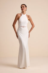 Atenea White Lace Cutout Halter Mermaid Maxi Dress