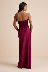 Nyrah Berry Red Satin Pleated Strapless Maxi Dress