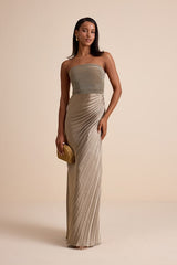 Nyrah Taupe Satin Pleated Strapless Maxi Dress