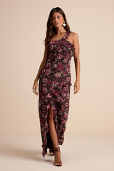 Bonelle Plum Multi Floral Metallic Clip Dot Ruffled Maxi Dress