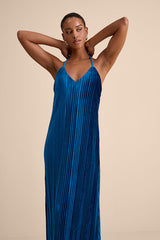 Kauri Dark Teal Blue Velvet Pleated Backless Maxi Dress