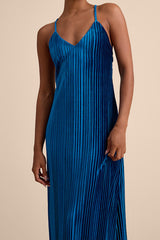 Kauri Dark Teal Blue Velvet Pleated Backless Maxi Dress