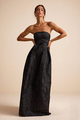 Laurelin Black Floral Jacquard Pleated Strapless Maxi Dress