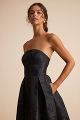 Laurelin Black Floral Jacquard Pleated Strapless Maxi Dress
