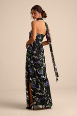 Corelia Black Floral Velvet Burnout Strapless Sash Maxi Dress