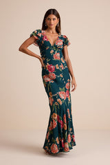Resme Emerald Floral Flutter Sleeve Mermaid Maxi Dress