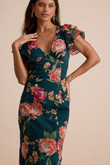 Resme Emerald Floral Flutter Sleeve Mermaid Maxi Dress