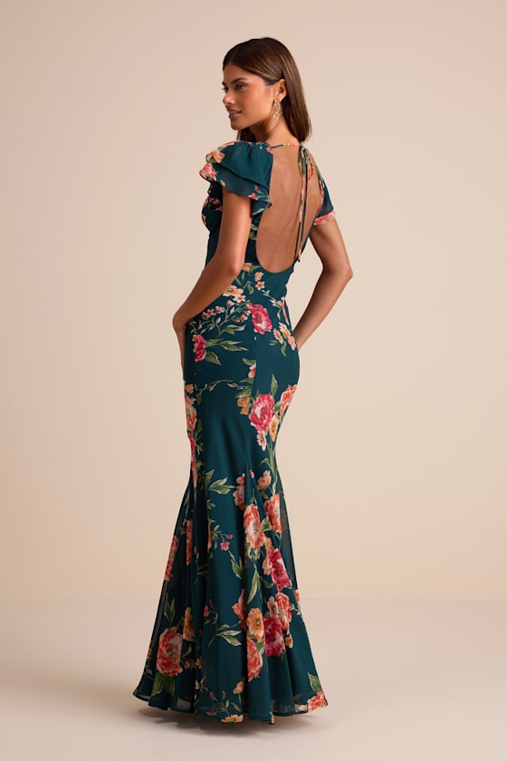 Resme Emerald Floral Flutter Sleeve Mermaid Maxi Dress