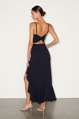 Iveta Navy Cutout Ruffled Sleeveless Midi Dress