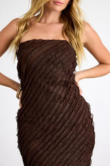 Faelyn Brown Strapless Ruffled Midi Dress