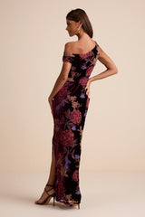 Marnella Burgundy Floral Velvet Burnout Asymmetrical Maxi Dress