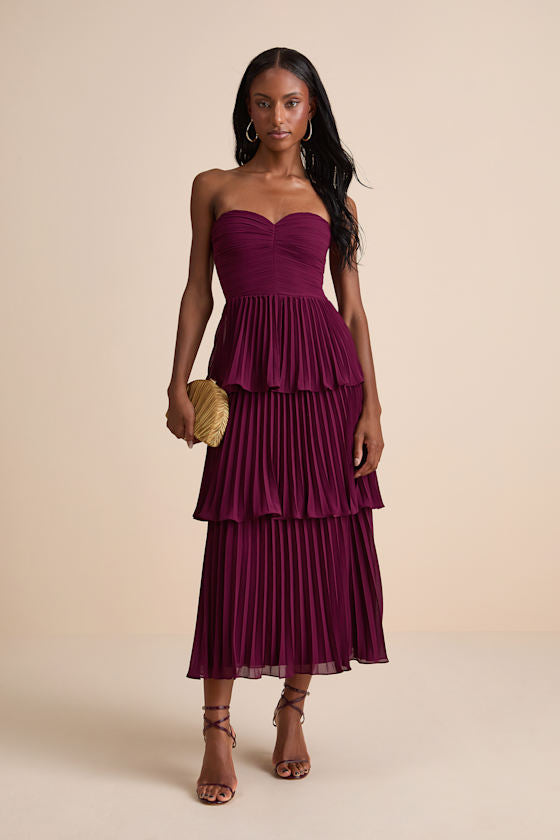 Seriously Sensational Plum Strapless Tiered Midi Dress