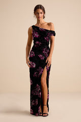 Marnella Black Floral Velvet Burnout Asymmetrical Maxi Dress