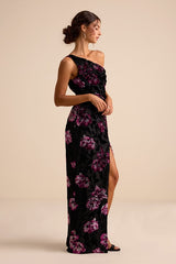 Marnella Black Floral Velvet Burnout Asymmetrical Maxi Dress