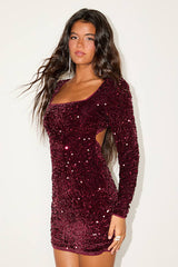 Marvelous Radiance Burgundy Sequin Cutout Long Sleeve Mini Dress