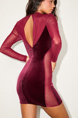 Irresistible Details Burgundy Velvet Mesh Long Sleeve Mini Dress