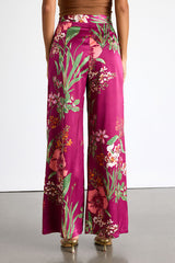 Thriving Vibes Fuchsia Floral Print Satin Wide-Leg Pants