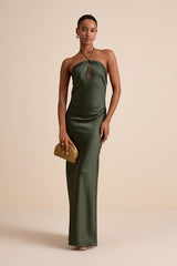 Gracie Olive Green Satin Halter Neck Maxi Dress