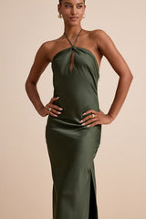 Gracie Olive Green Satin Halter Neck Maxi Dress