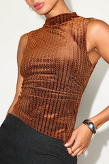 Melbah Rust Brown Velvet Striped Asymmetrical Tank Top
